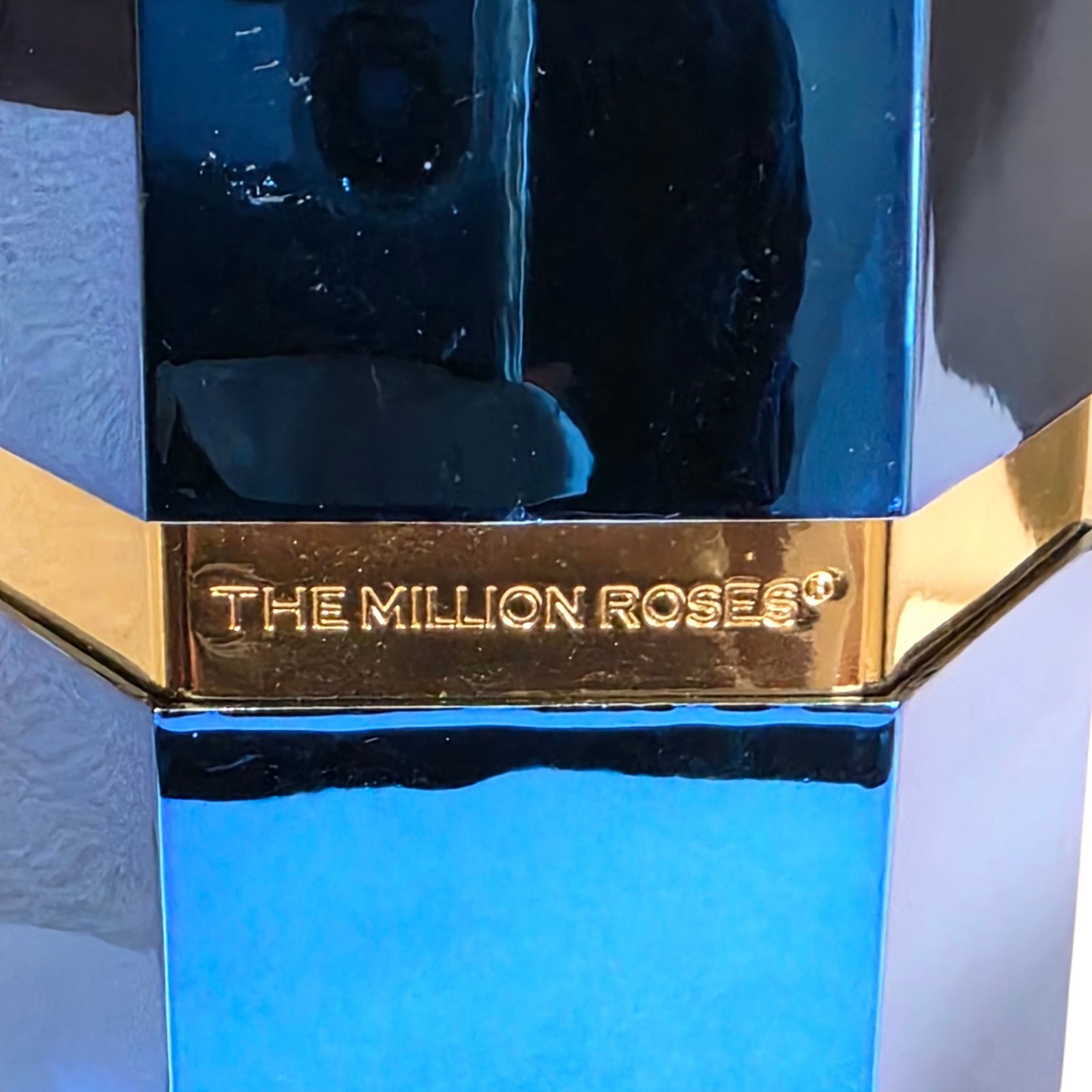 One in a Million Mirror Blue Hexagon Box Dark Blue & Silver Roses 3″ x 4″