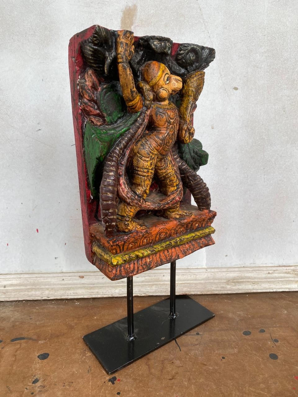 Hand Carved Wooden Hanuman Panel Sculpture Vintage Hindu Temple Decor Art