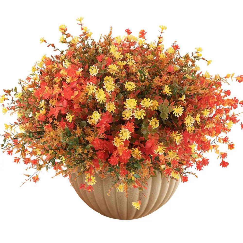 1 In. H Orange Artificial Mums 12-Bundles UV Resistant Fake Flowers for Outdoor