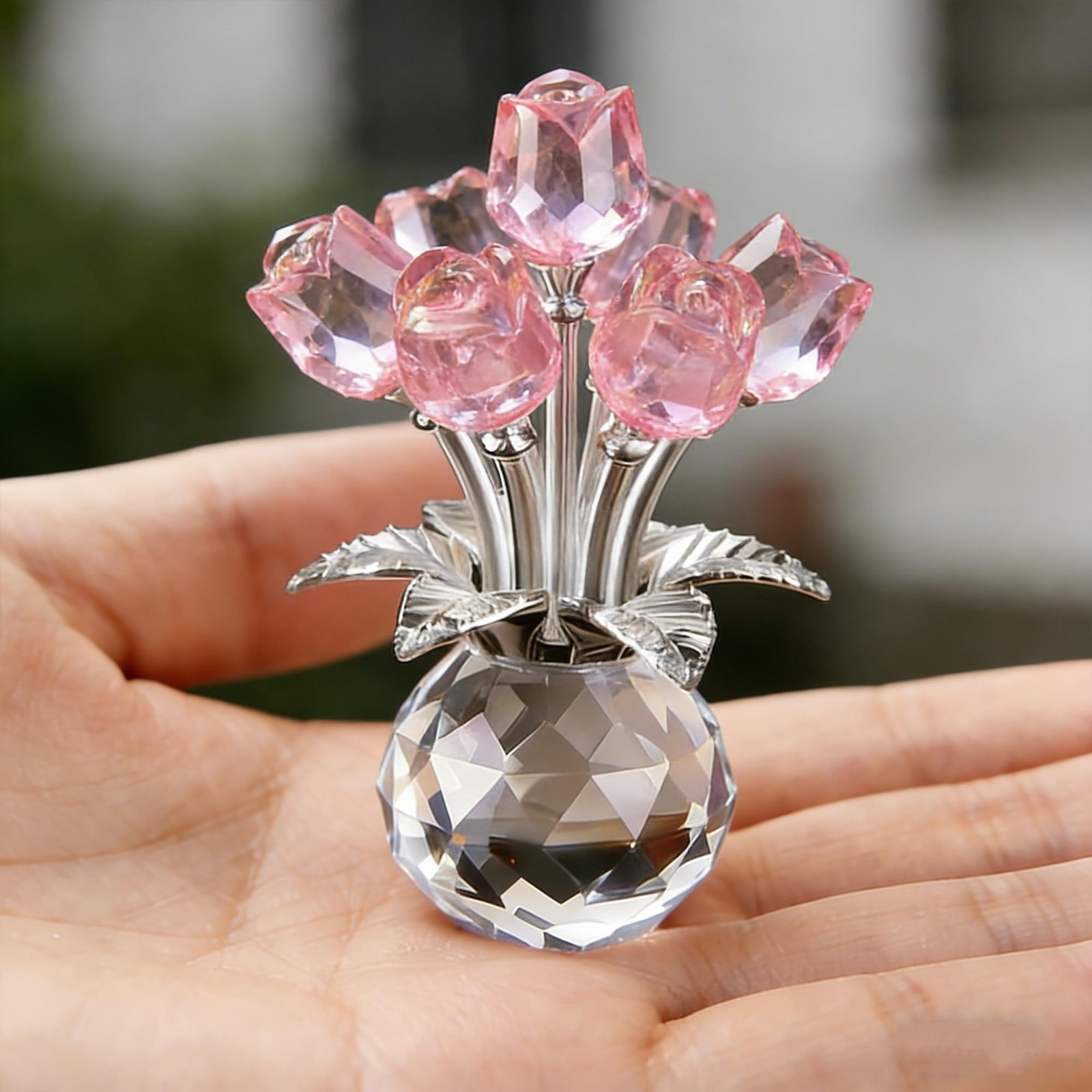 Crystal Silver Rod Pink Rose Creative Table Decoration Tabletop Home Faux