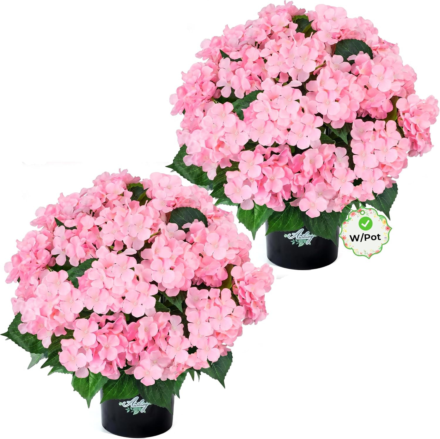 2 Potted Pink Hydrangea Artificial Flowers, Faux Hydrangea Outdoor | 22″ High &