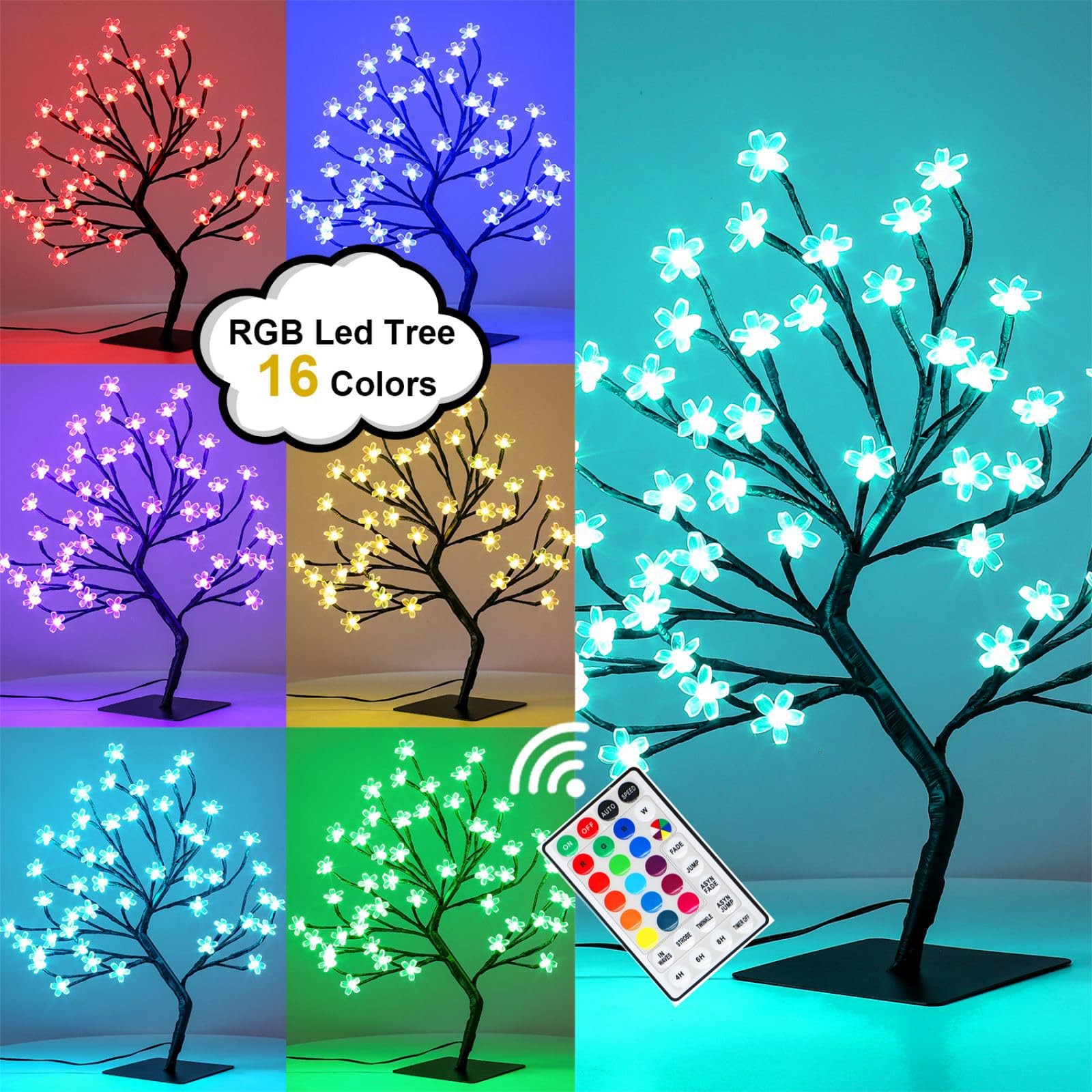 2 PCS 16 ColorChanging 48 LED Artificial Lighted Cherry Blossom Tree Light