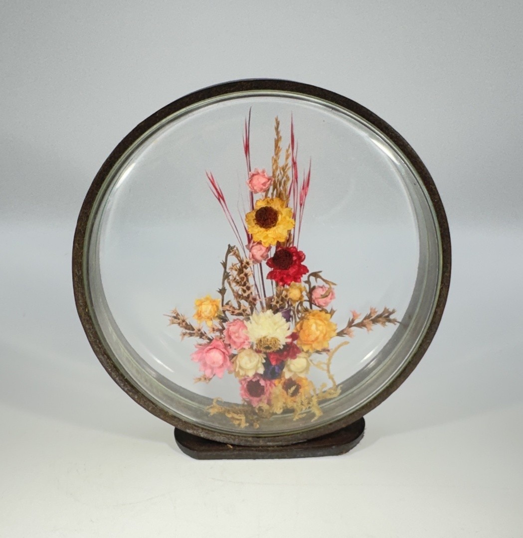 Vintage Hungarian Dried Flower Glass Art on Leather Stand, Round Floral Displ…