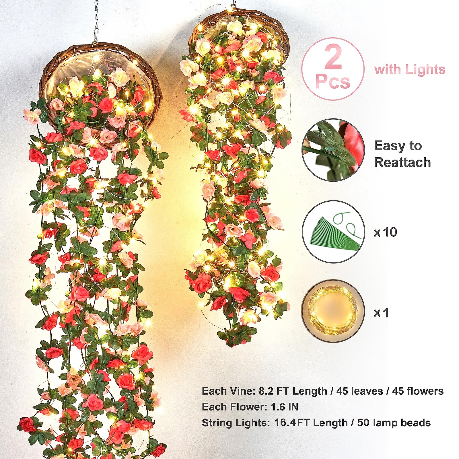 2Pcs 16.4Ft Flower Garland Artificial Rose Vines with 16.4Ft String Lights, C…