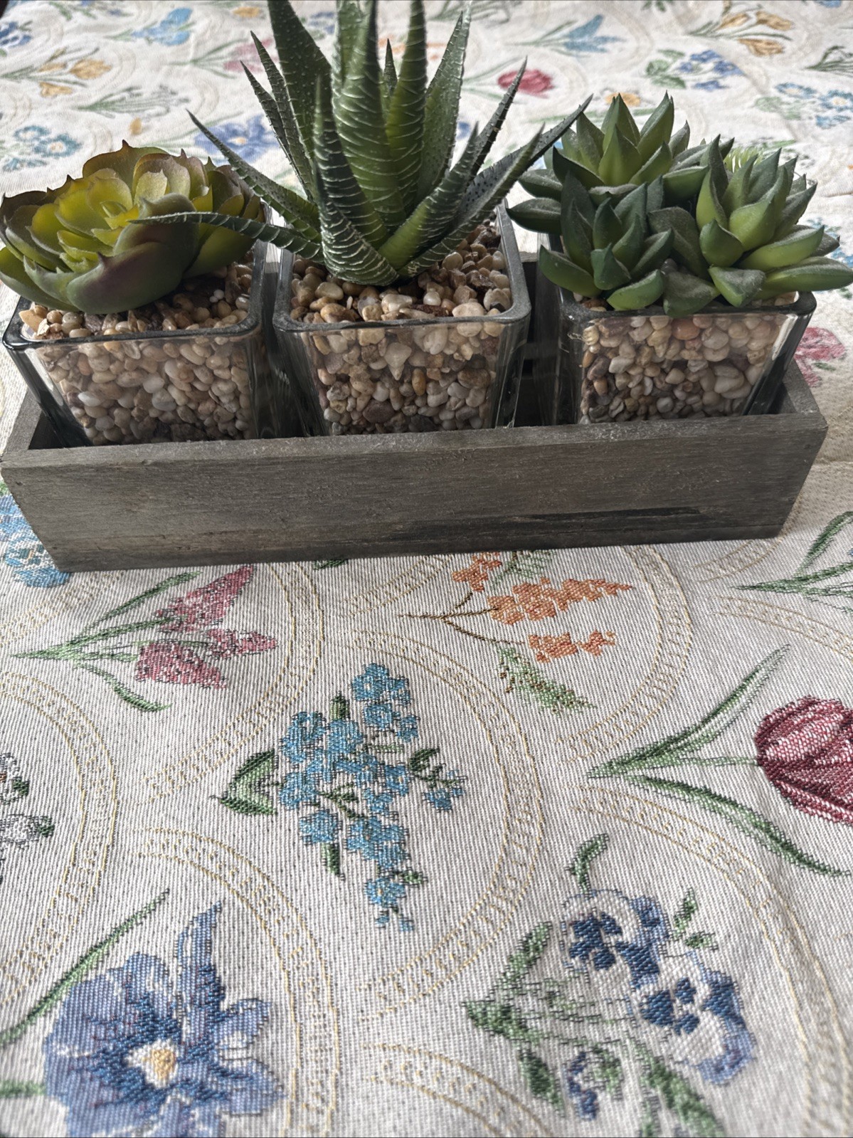 Artificial Succulents In Three Glass Containers Glued In Wooden Box