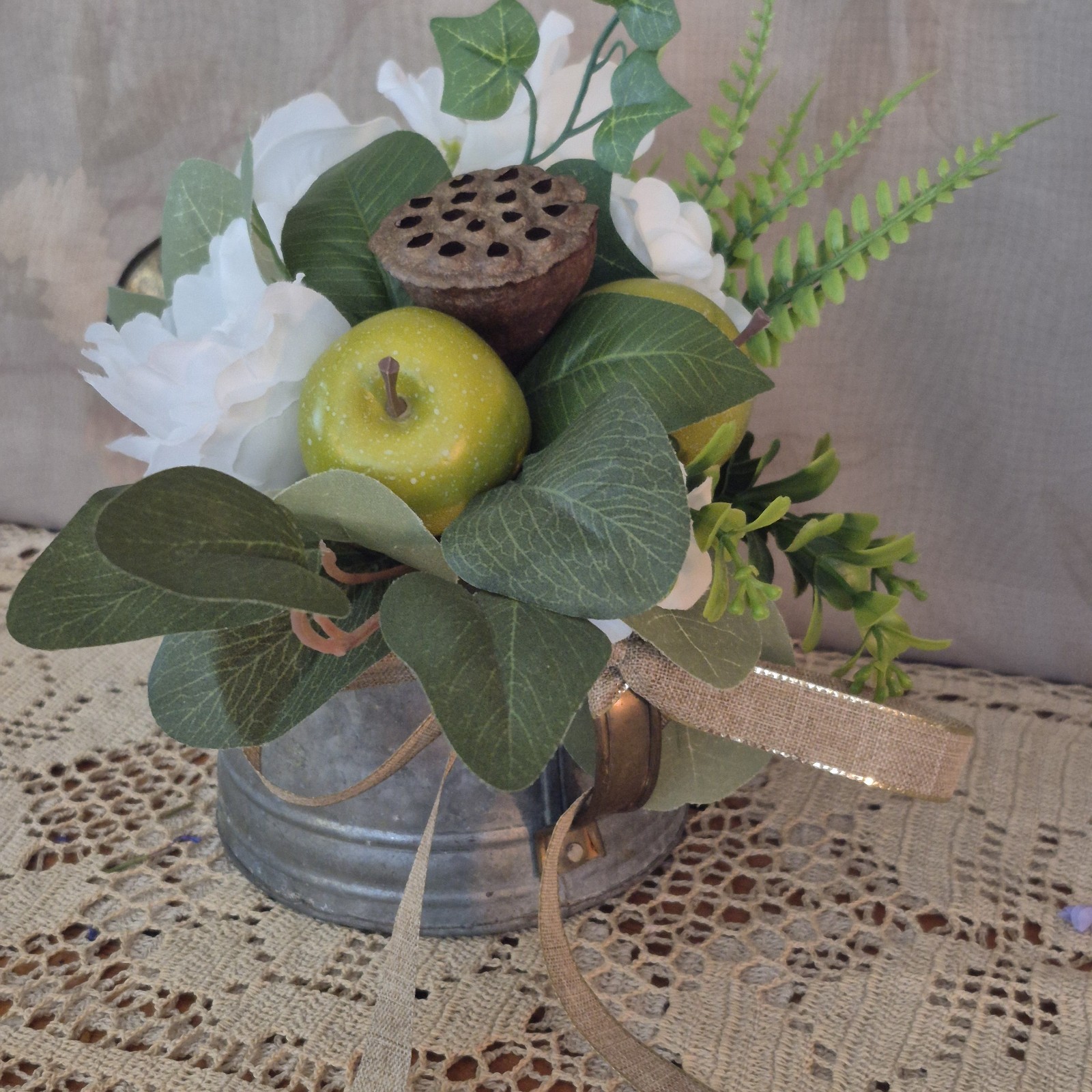 Floral Centerpiece, Vintage Metal Watering Can Cottagecore Faux Flowers