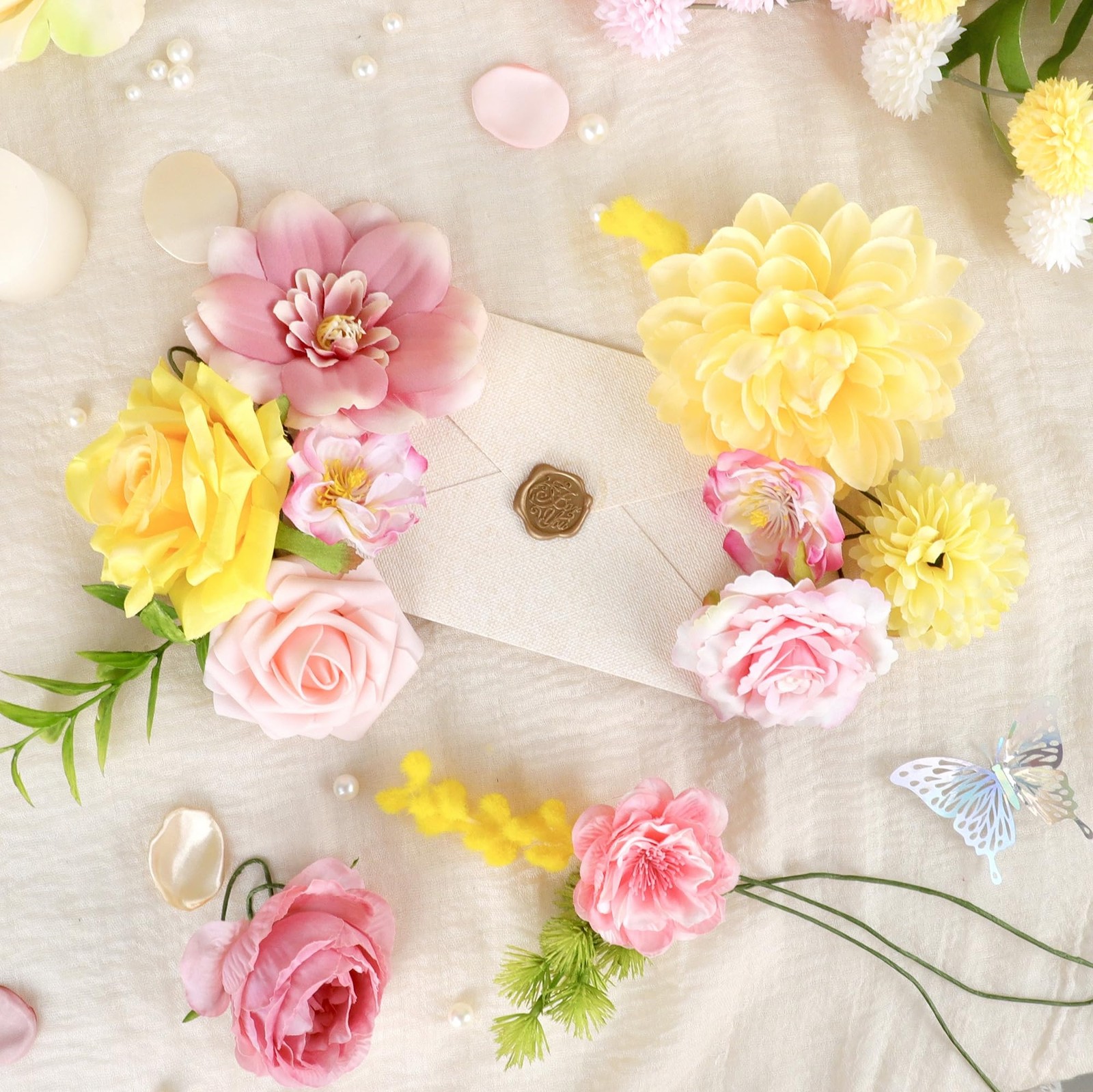 Pink Yellow Artificial Rose Silk Flowers Centerpieces Bridal Bouquet Baby Shower