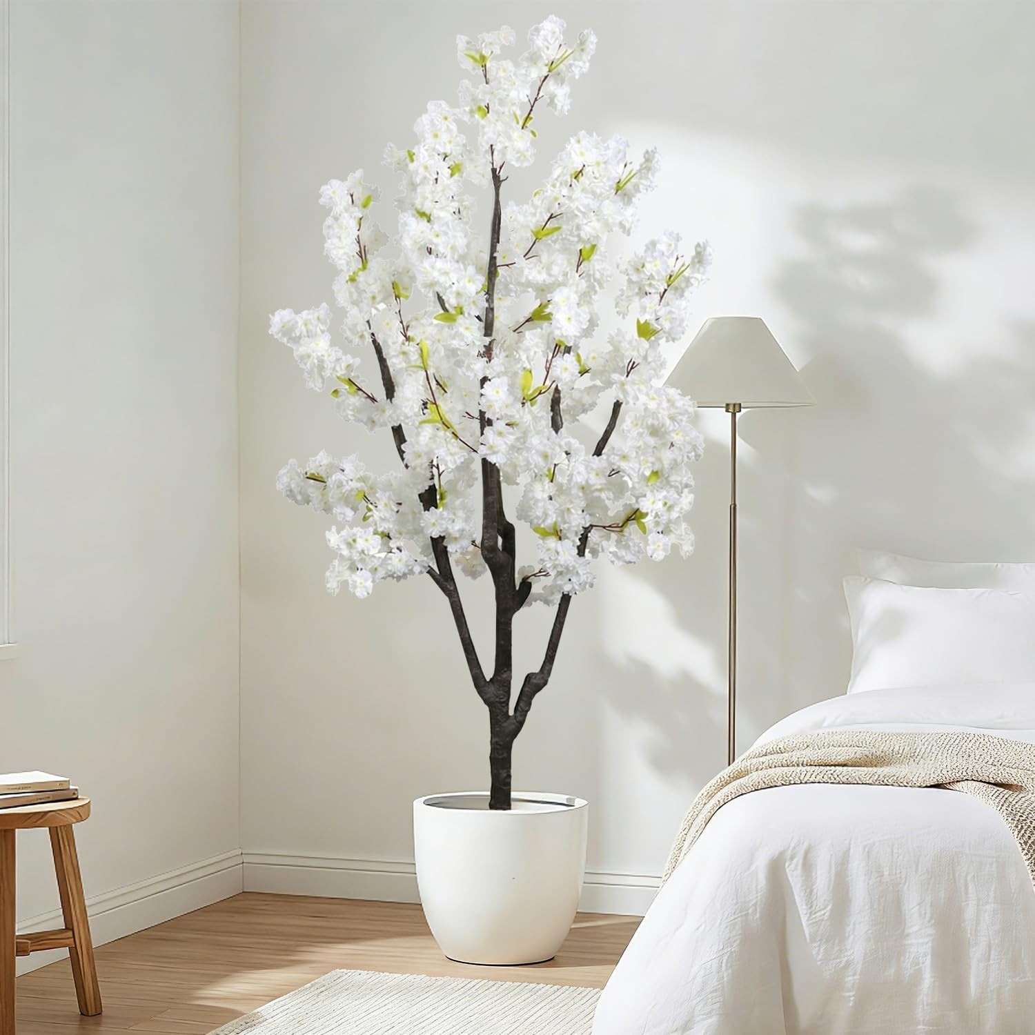 Faux White Cherry Blossom 6ft(72in) Artificial Floor Green Plant for Indoor D…