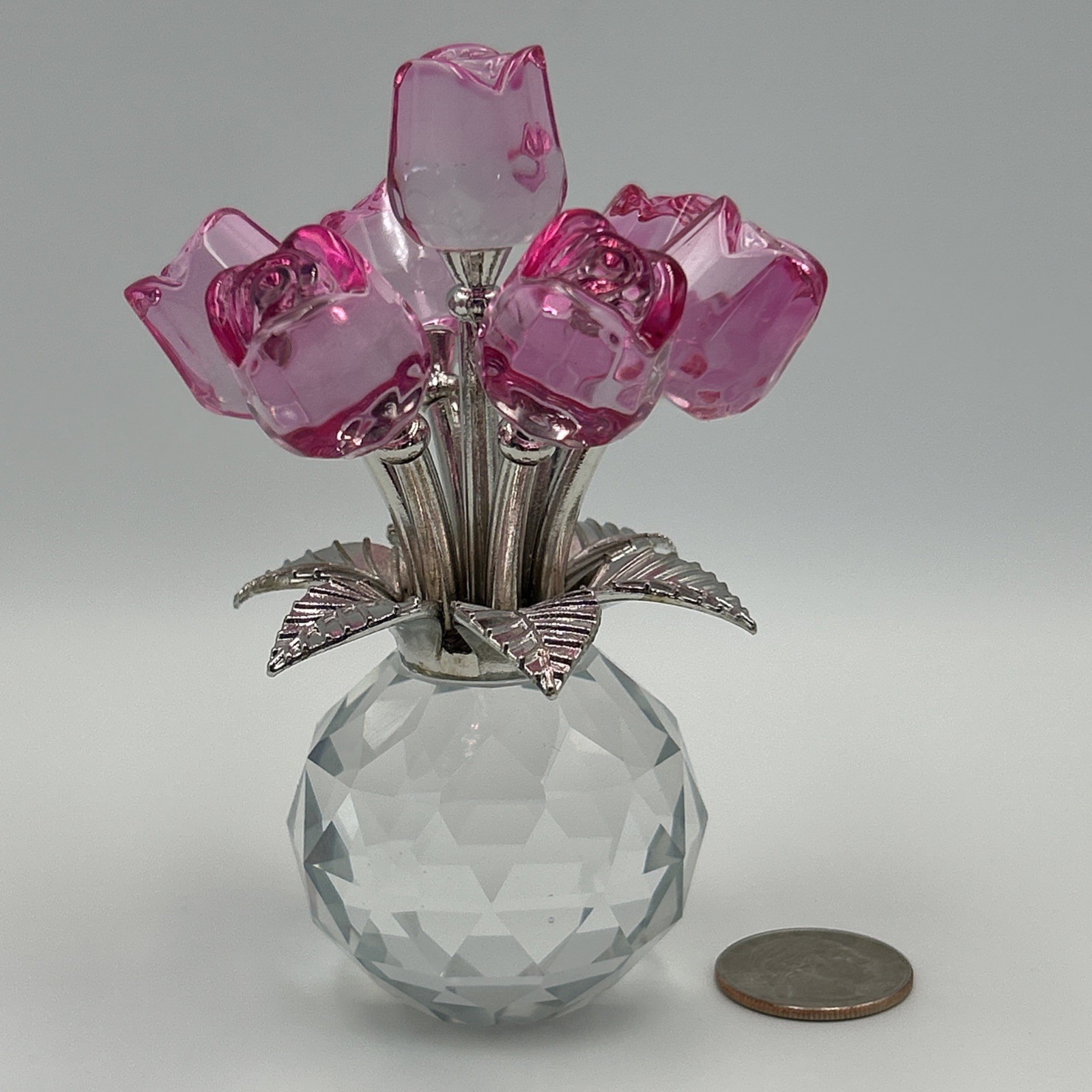 Handmade Crystal Glass Pink Rose Bouquet Flowers Vase Figurine + Gift Bag & Card