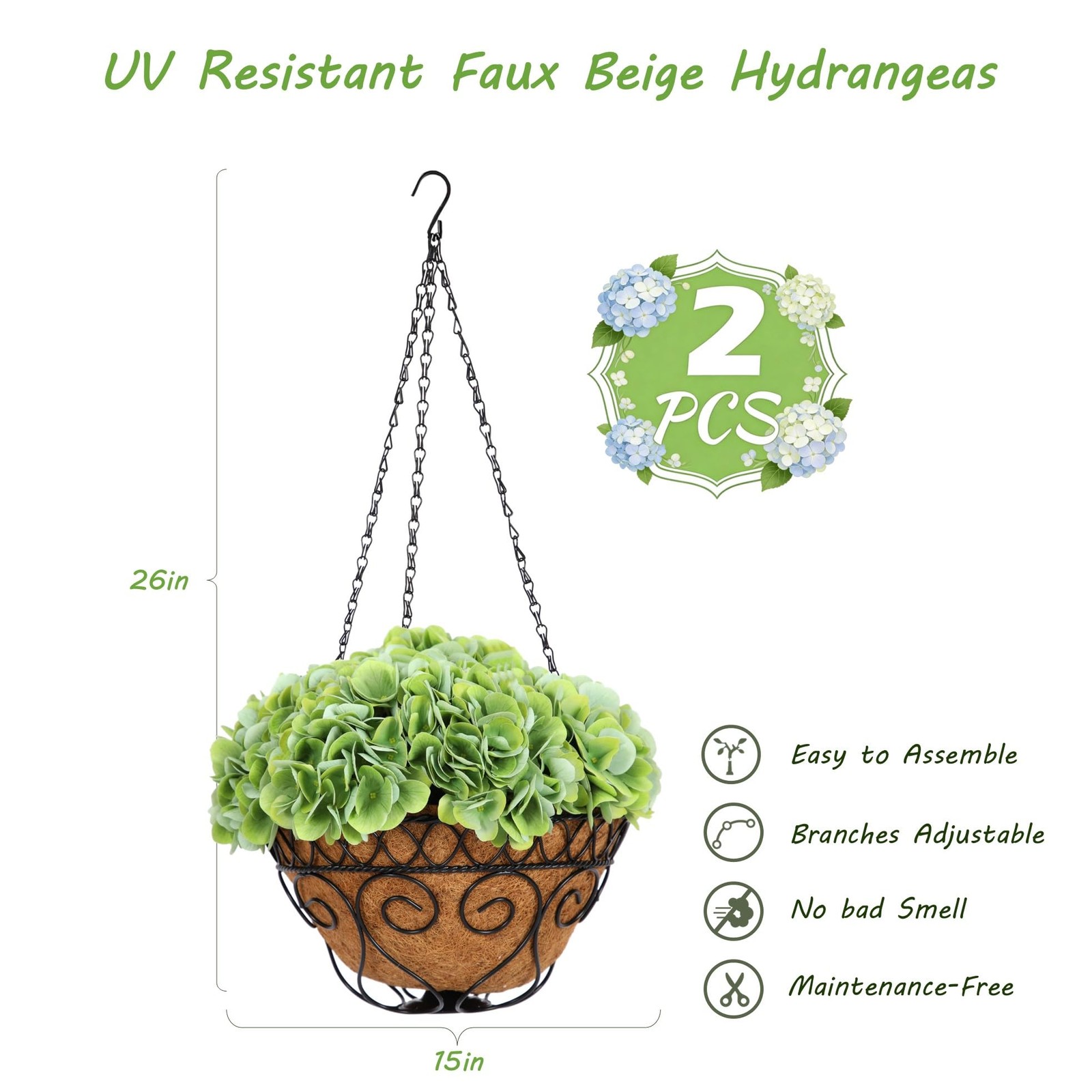 2 Pack Hanging Green Hydrangea Artificial Flowers with 11in Basket, Outdoor F…