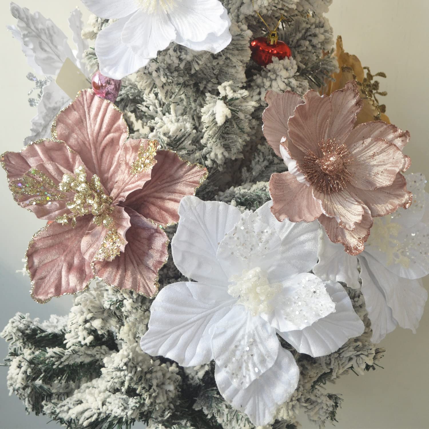 6 PCS Chunky Glitter Christmas Flowers Large Velvet Poinsettia Ornaments White
