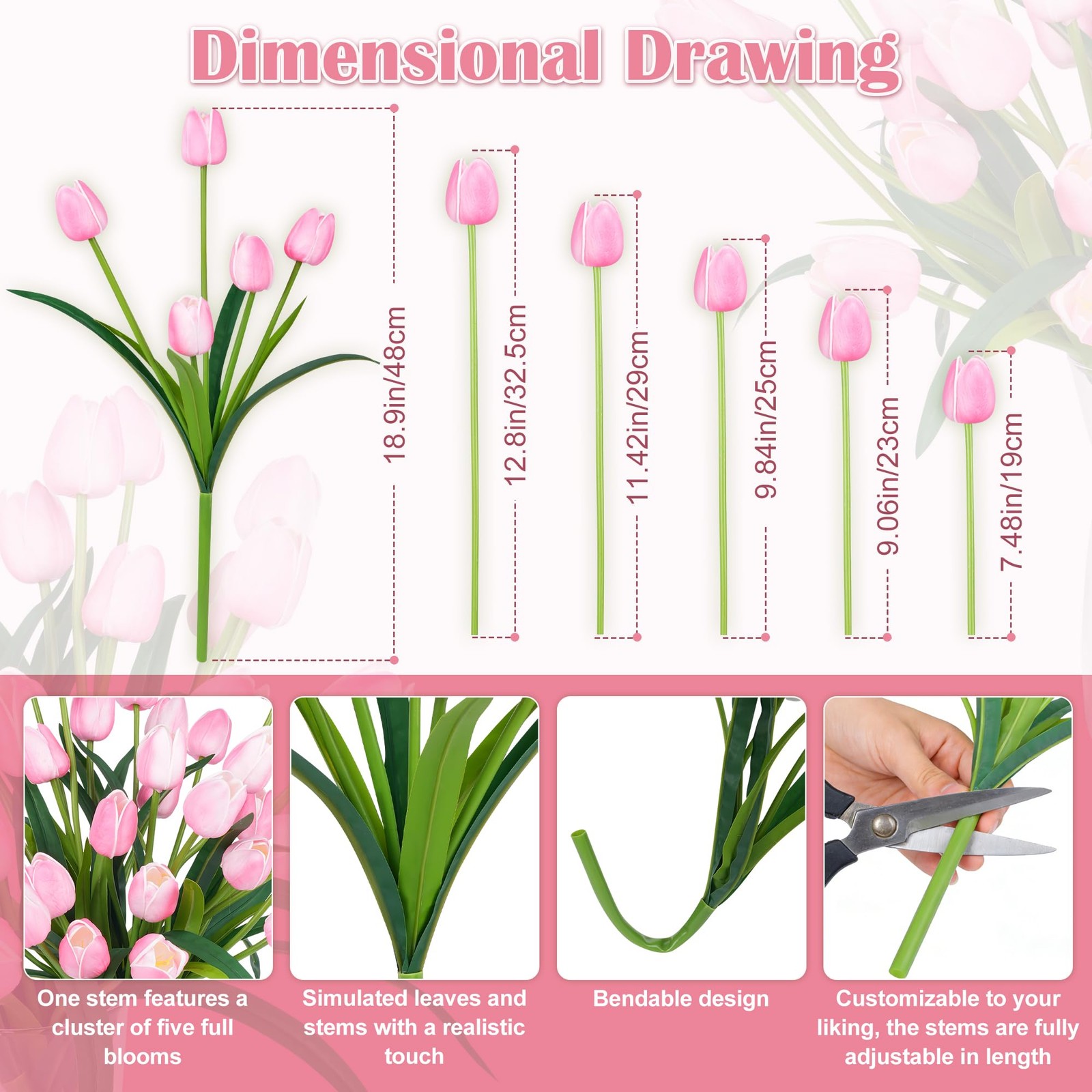 30Pack 18.9 Inch Large Pink Simulation Tulip Artificial Flowers Faux