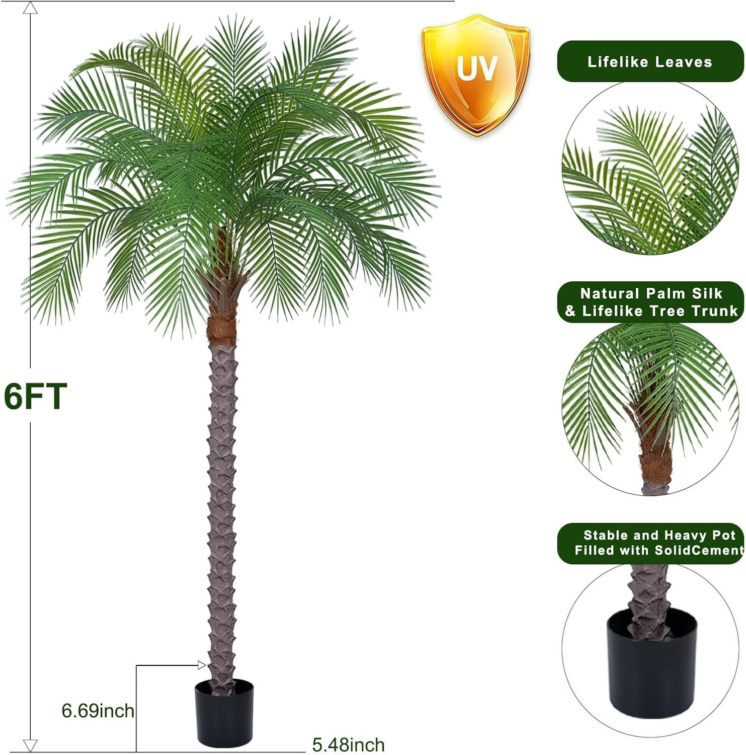 6ft Artificial Phoenix Palm Tree Faux Coconut Silk Tropical Fake Palm Plant