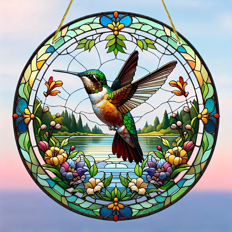 Stained Hummingbird Stained Glass Effect Catch the Sun Round Acrylic Decoration