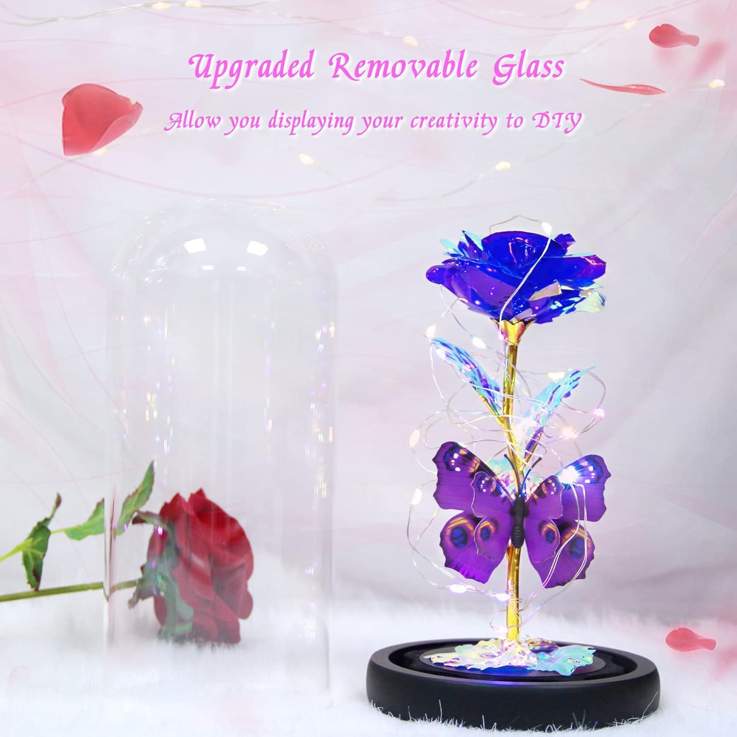 Mothers Day Rose Gifts for Mom, Galaxy Purple Butterfly Rose in Glass Dome, Ligh
