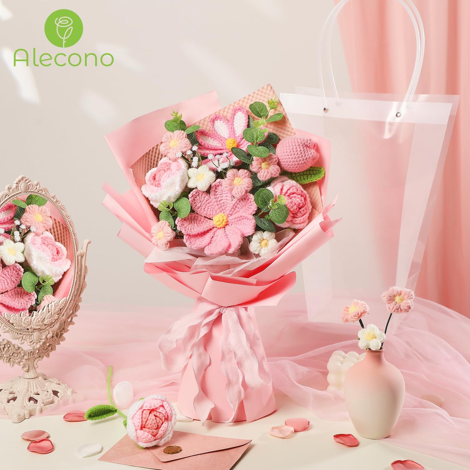 Alecono Crochet Flower Bouquet, Pink Handmade Knitted Flowers, Crochet Tulips…