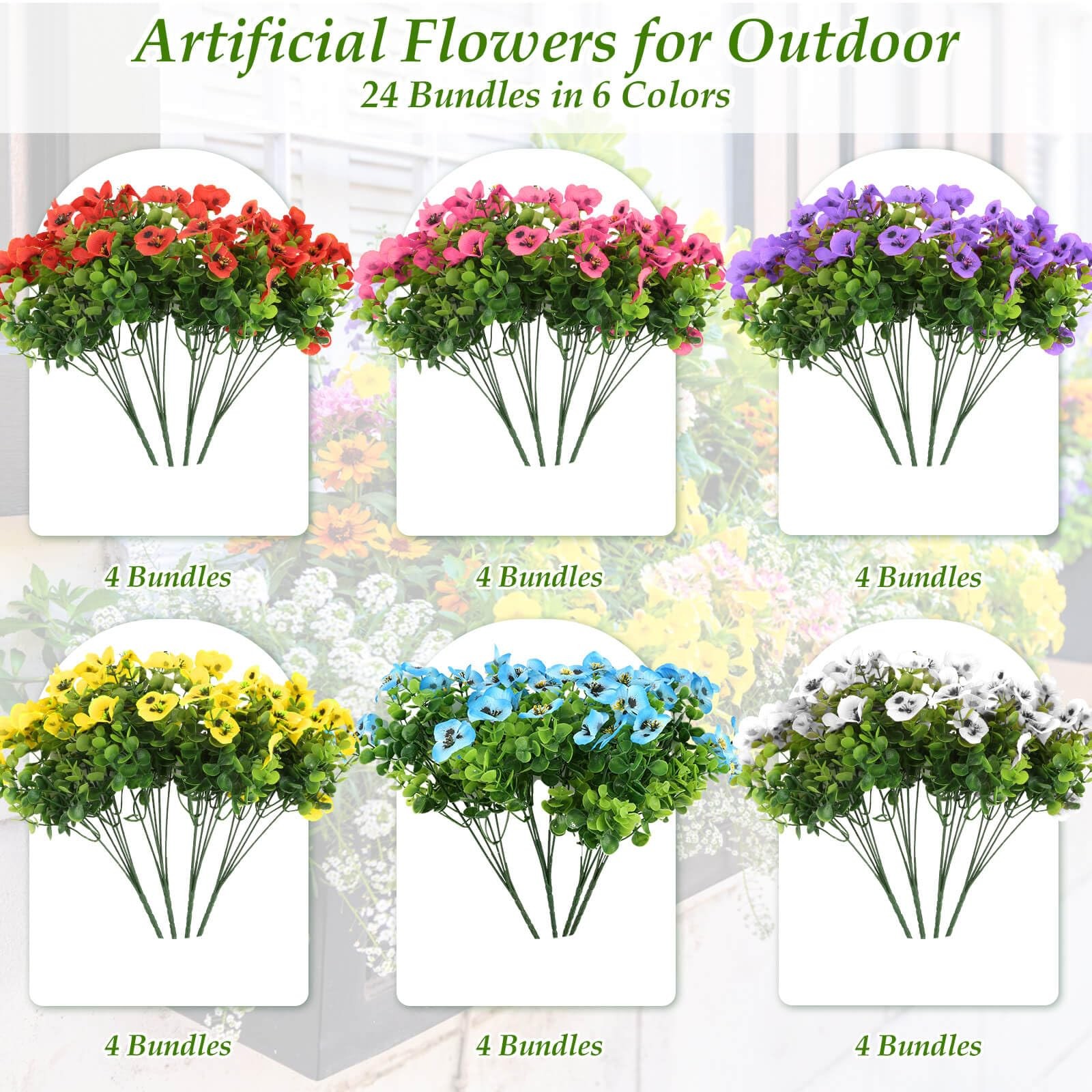 24 Bundles Artificial Flowers for Outdoor, Faux UV Resistant Silk Pansies Flo…