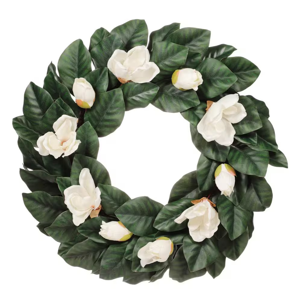 24 In. Artificial Magnolia Floral Spring Wreath with Green Leaves