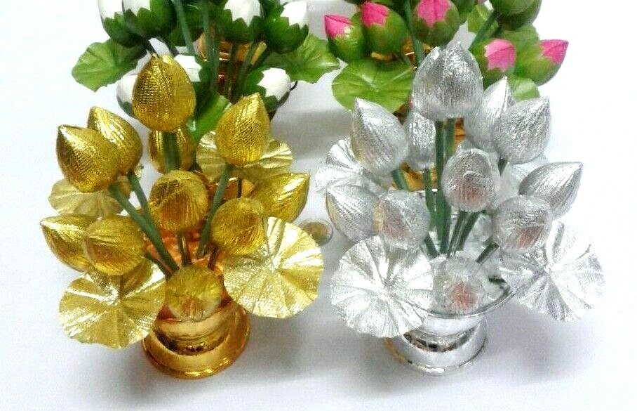 Thai Buddha Worship Phan Dhog Silver&Gold Lotus Offering Pedestal Small 2Pcs DHL