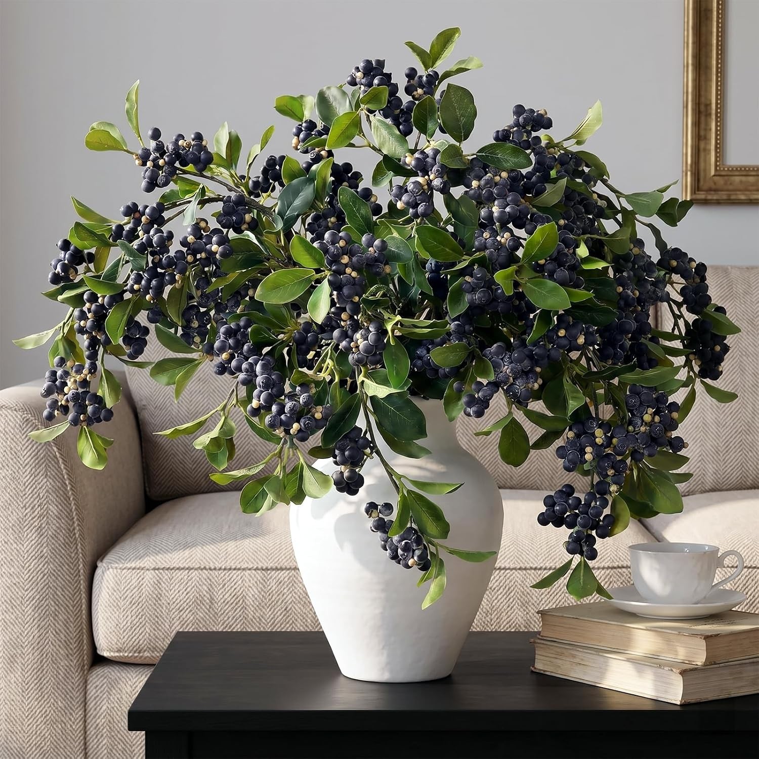 33″ Artificial Blueberry Stems for Vase – 8 Pcs Lifelike Faux Blueberries Fruit