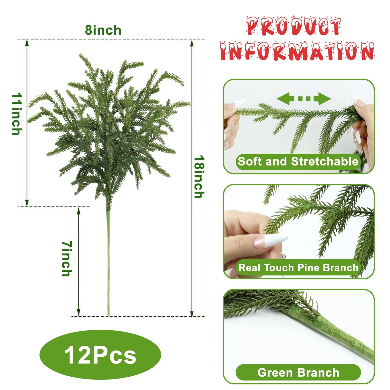 12 Pcs Pine Branches – 18 Inch Artificial Green Pine Stem – Real Touch Christ…