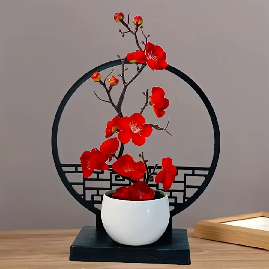 3 Colors Artificial Plum Blossom Bonsai with Screen Base