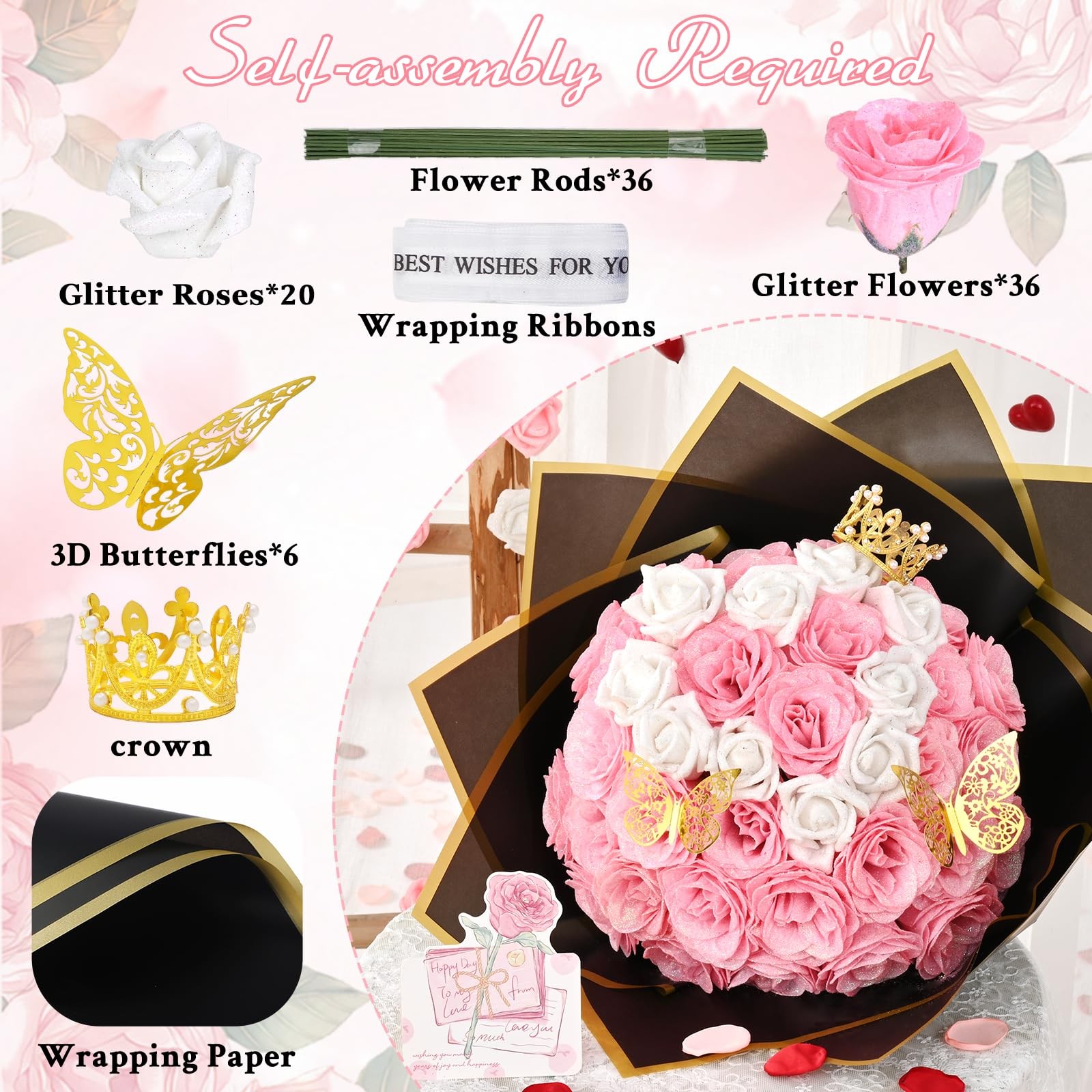 36 Pcs Glitter Roses Bouquet, DIY Fake Flowers Bouquet, Craft the Initials of…