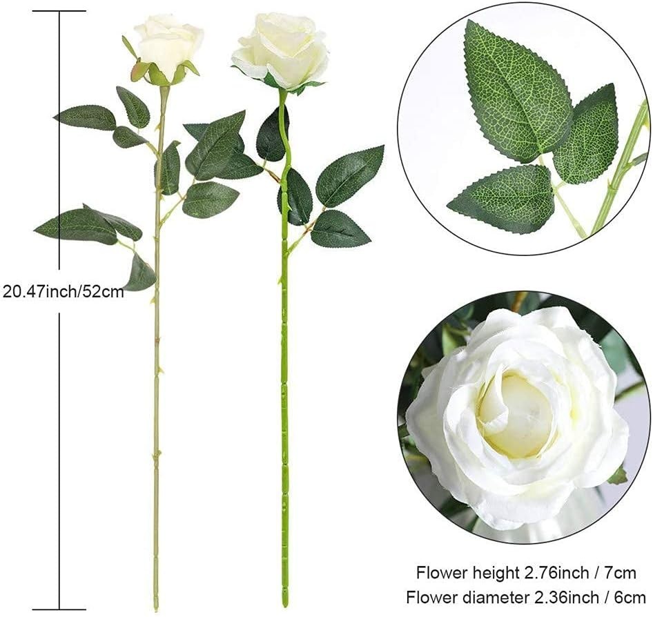 12PCS Long Stem Artificial Silk Roses Bouquet – Realistic Wedding Decor, White