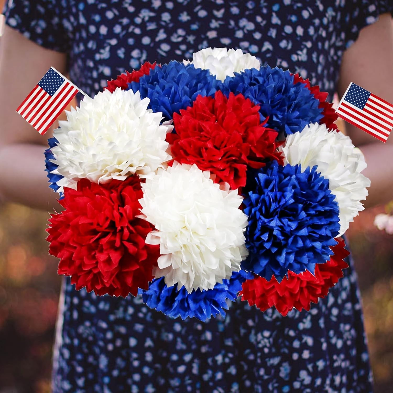 12PCS Patriotic Red, White & Blue Artificial Chrysanthemum Bouquets for 4th o…