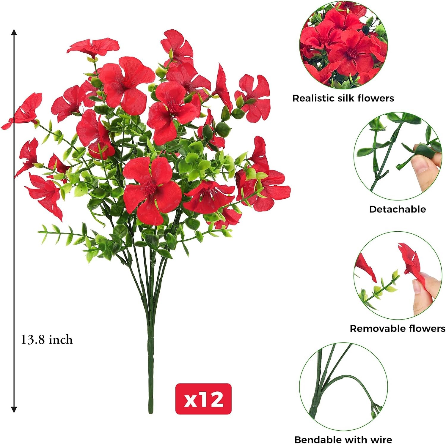 12 Pcs Artificial Geranium Flowers for Outdoors, Fake Silk Flowers UV