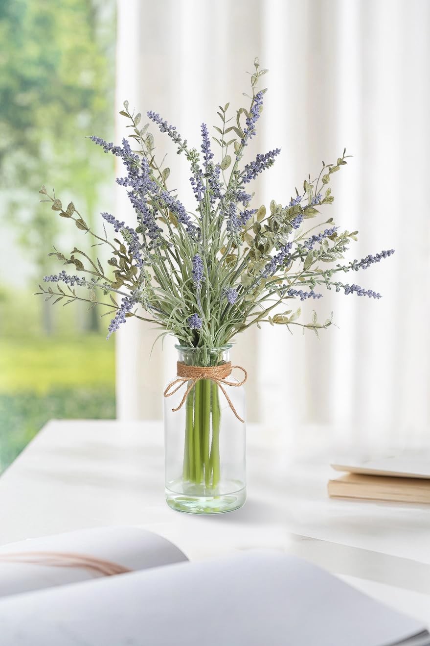 Artificial Lavender Stems in Glass Vase with Faux Water,15″ Artificial Plants…