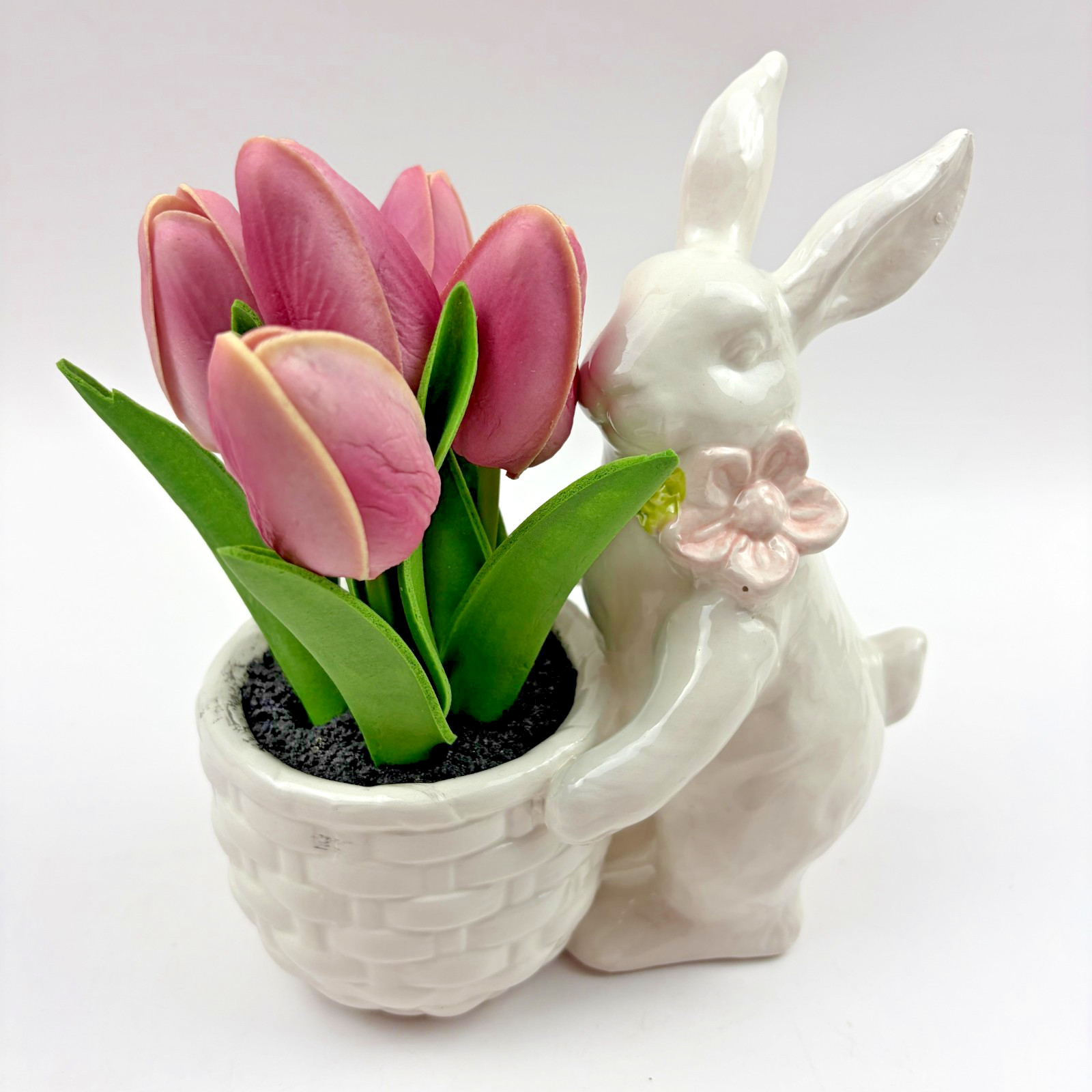 Easter Bunny Ceramic Planter Pink Tulips Spring Decor Table Centerpiece