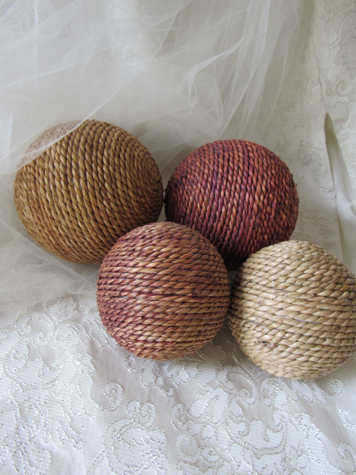 Jute Decor,set of 4,Mix Matched Floral Decor,4″ & 3″,Boho,tuscan,moroccan,sisal