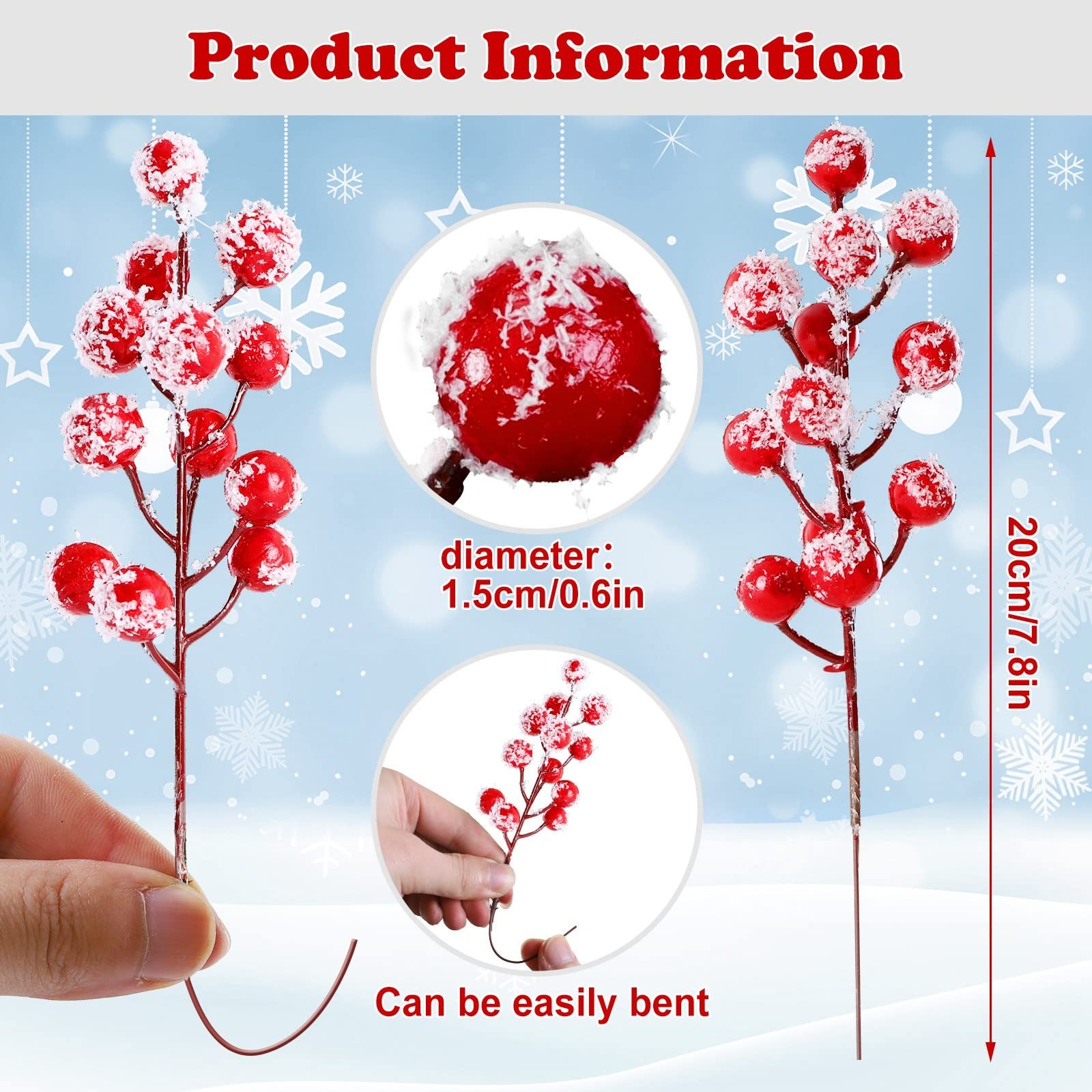 24 PCS Artificial Holly Berry Stem Picks with Snowflake Glitter Christmas Tre…