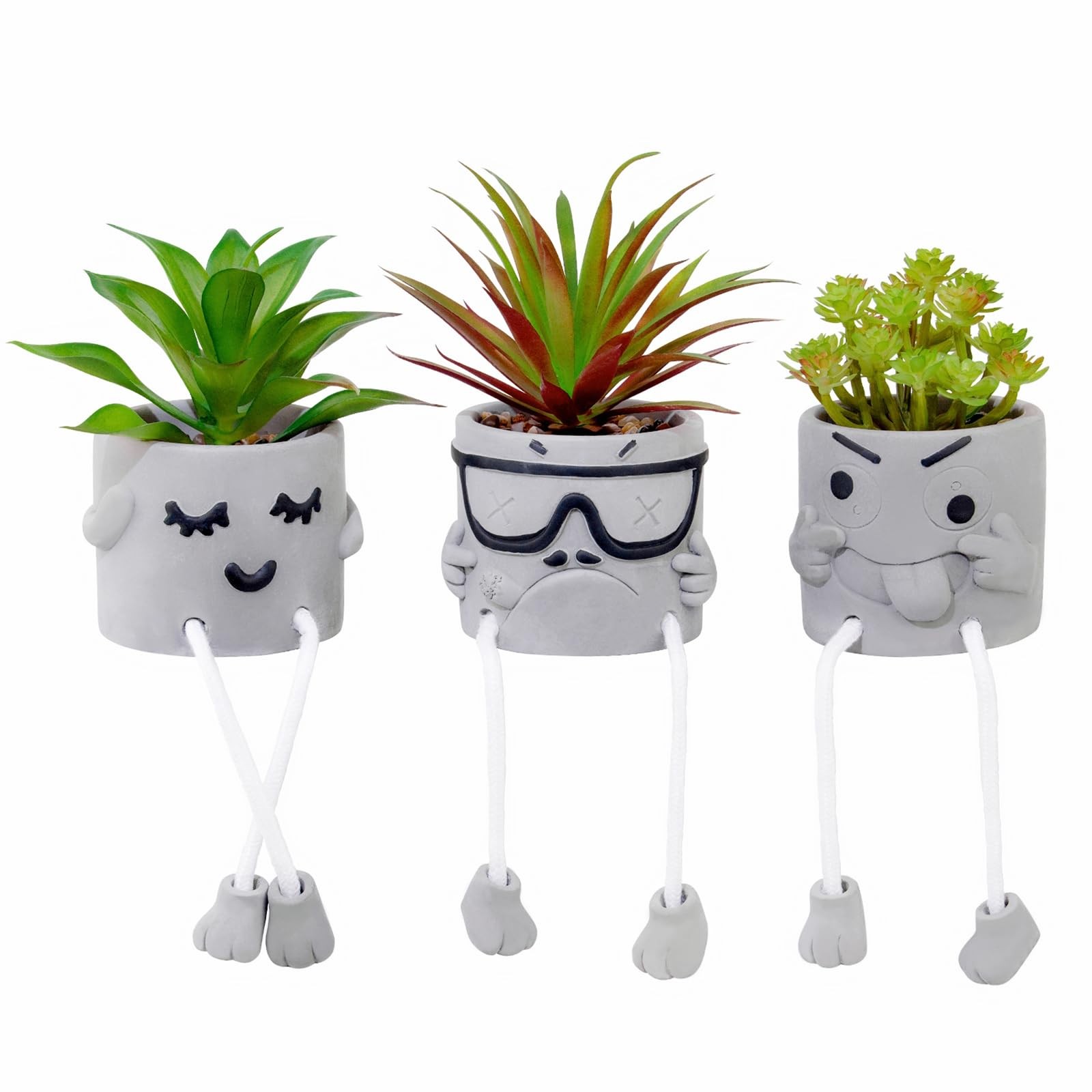 3-Set Artificial Succulents, Potted, Grey Pots, Fake Mini Plants, Desk Decor