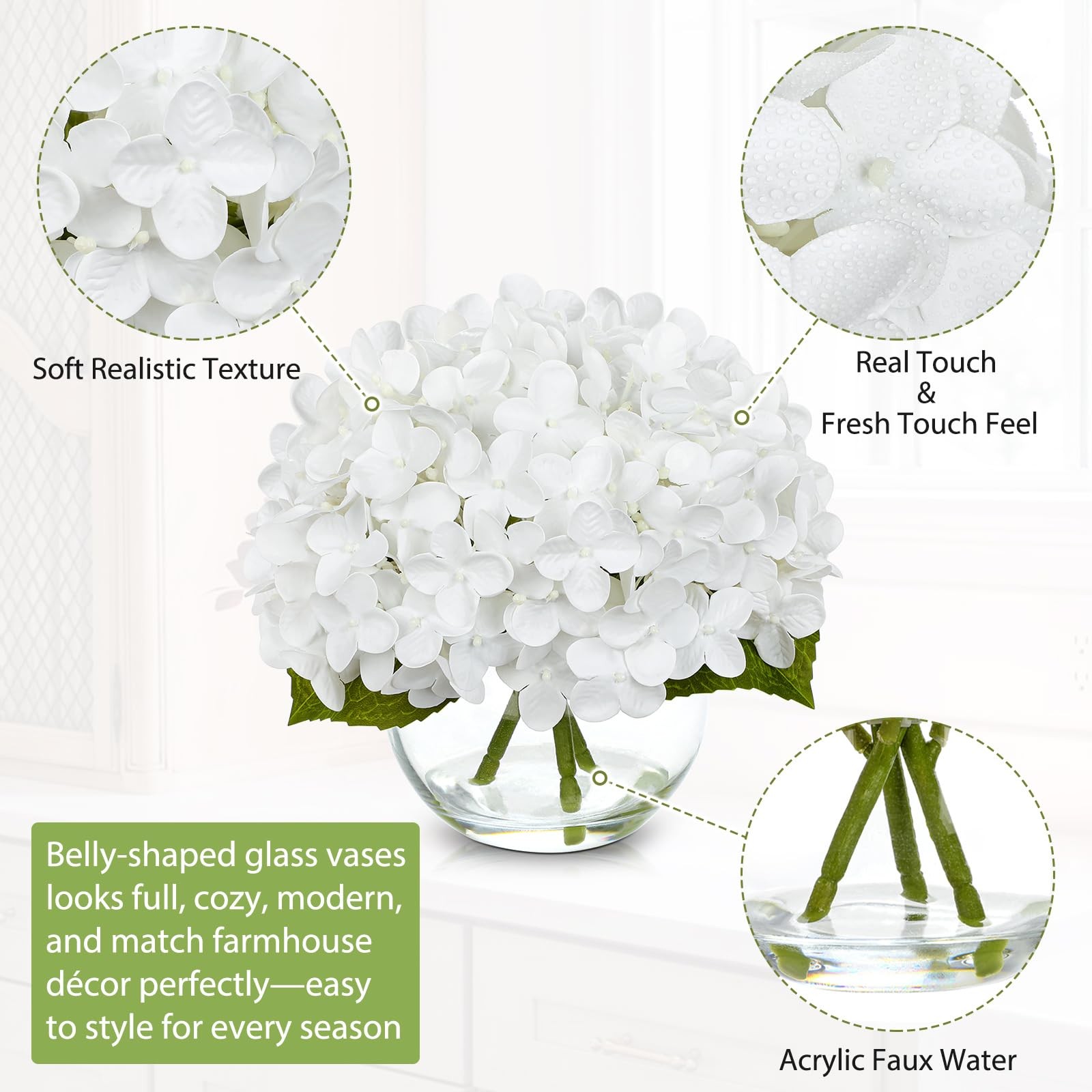 Ture Touch Artificial Hydrangea Flowers Arrangement in Glass Vase with Faux W…