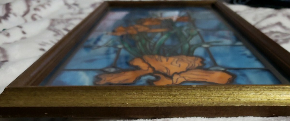 Peach Iris Blue Background Stained Glass Look 23″H x 11.5″W Framed