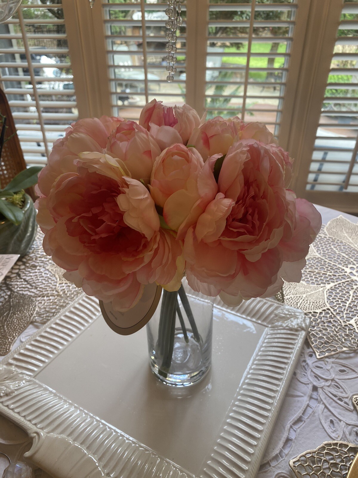 Peony In Glass Vase Full Bloom Arrangement Centerpiece Home Decor
