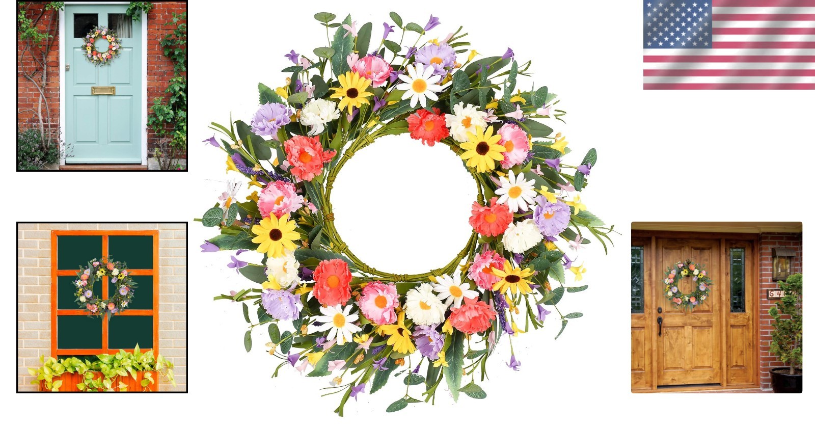 Durable 20-Inch Door Wreath with Purple, Yellow, White Flowers & Eucalyptus