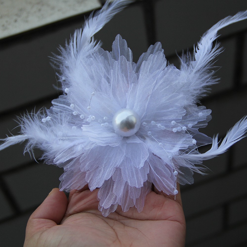 12.5cm New Organza Retro Pearl Feather Flower Floral Shape DIY Fabric Applique
