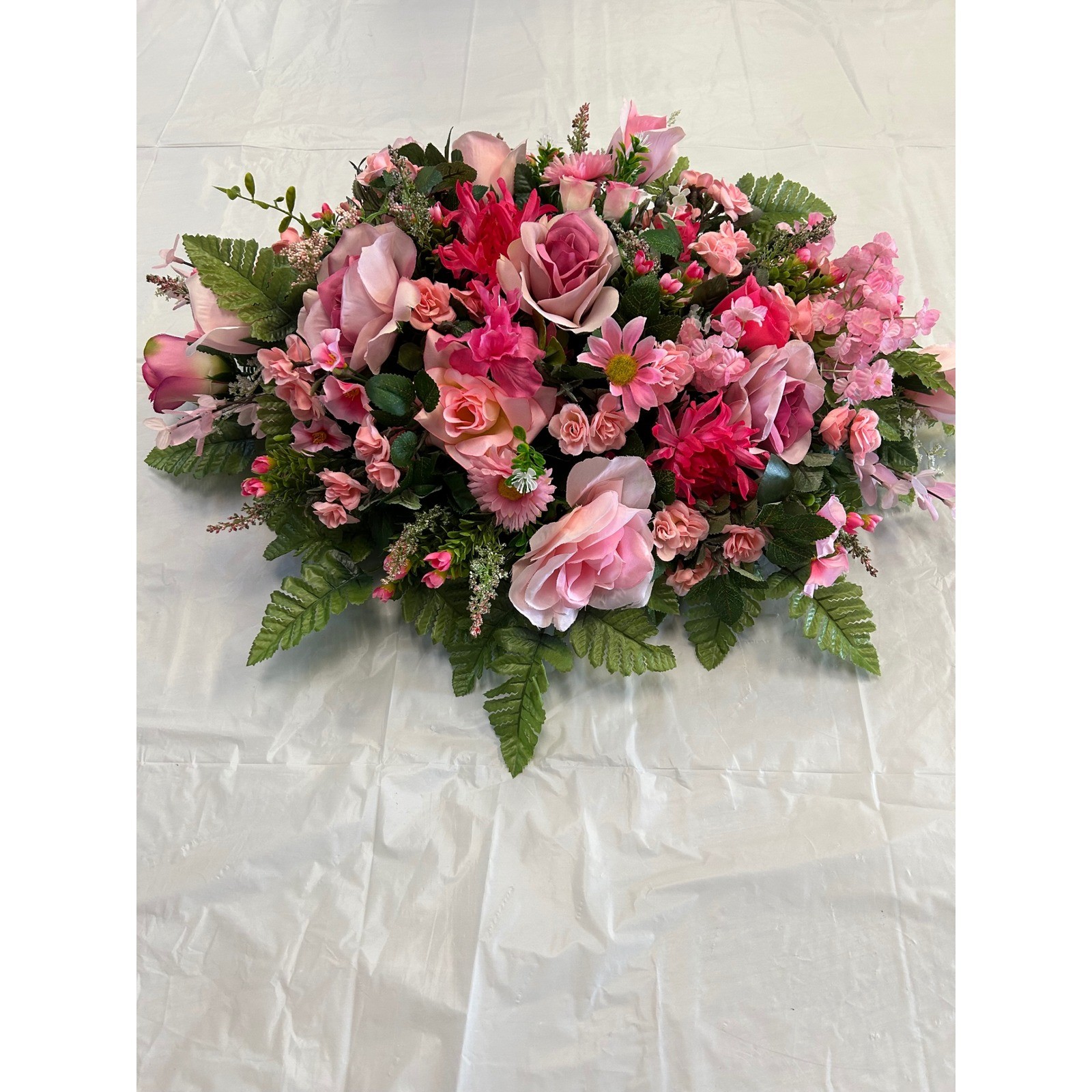 Pink Rose and Daisy Artificial Floral Cemetery Saddle Spray Arrangement 28in