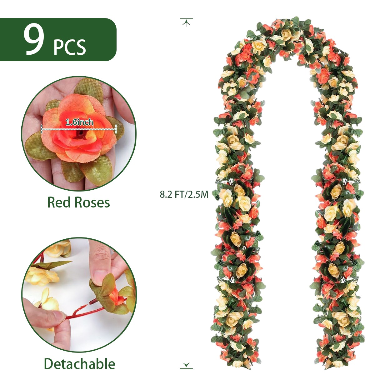 9Pcs/set Artificial Silk Flower 8.2Ft Garland Fake Rose Vines Wall Hanging Plant