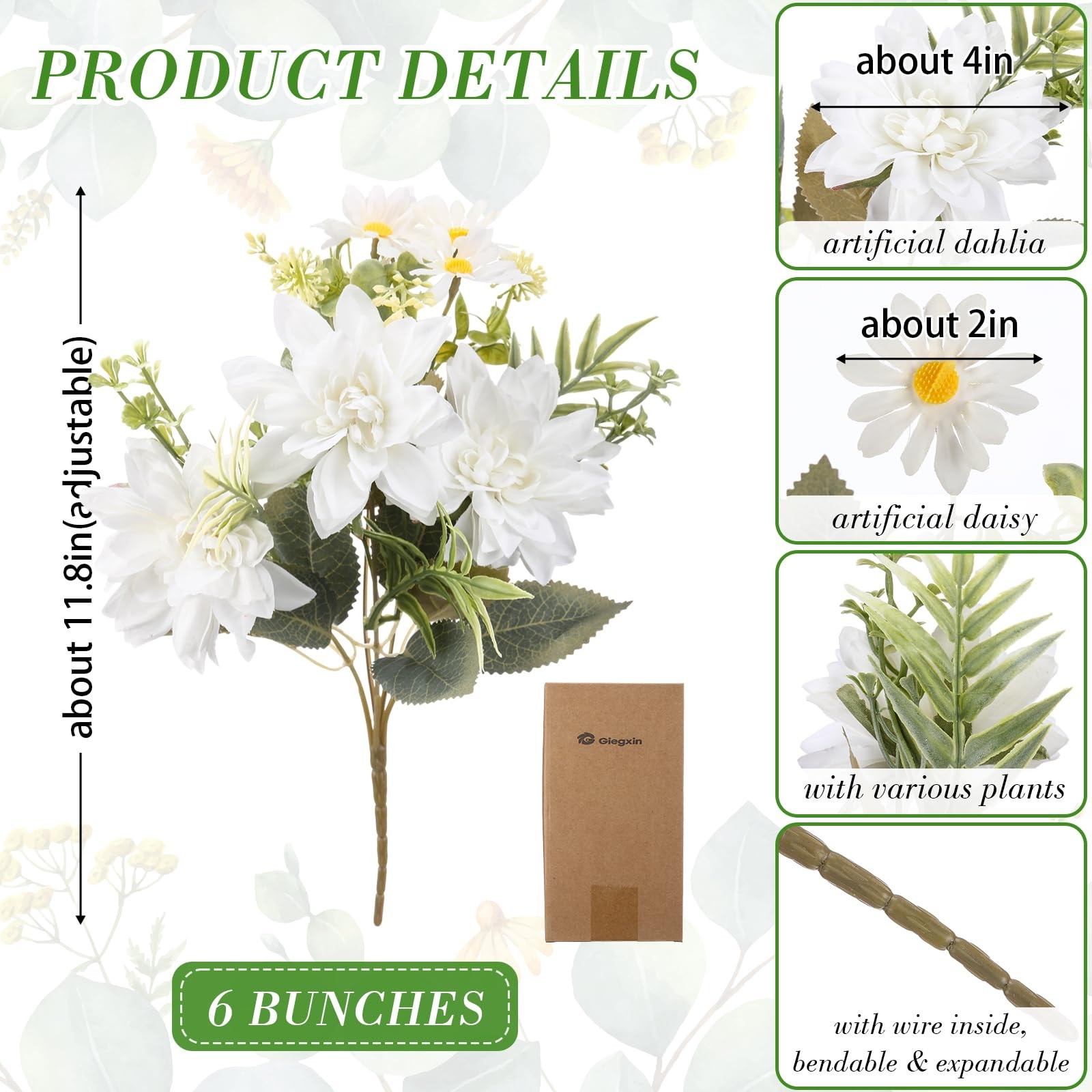6 Bundles Artificial Dahlia Flowers Bouquets with Daisies Silk Flowers Artifi…