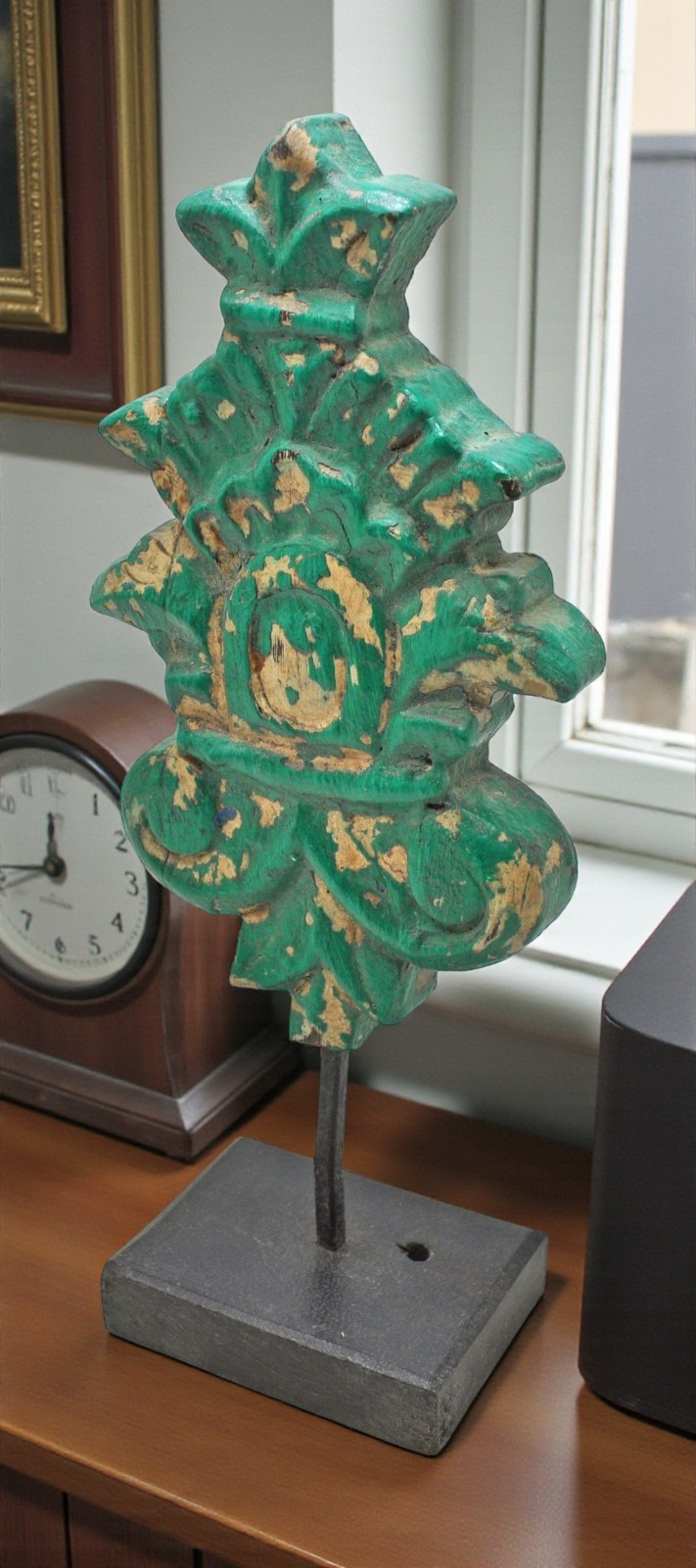 Hand Carved Wooden Flower Carving Panel Plaque on Stand Rustic Green Painted