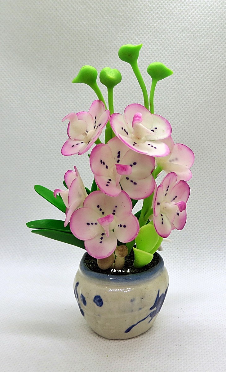 US Stock 5″H Handmade Air-Dry-Clay Miniature Dendrobium Orchid Arrangement