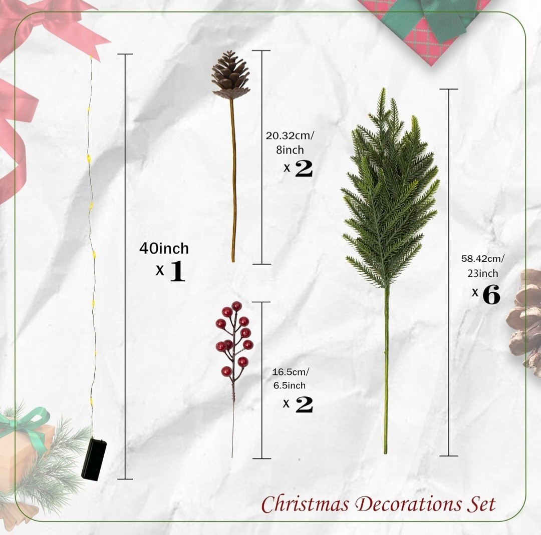 20 Pcs Christmas Norfolk Pine Branches 24″ Artificial Decor w/ White Lights NEW