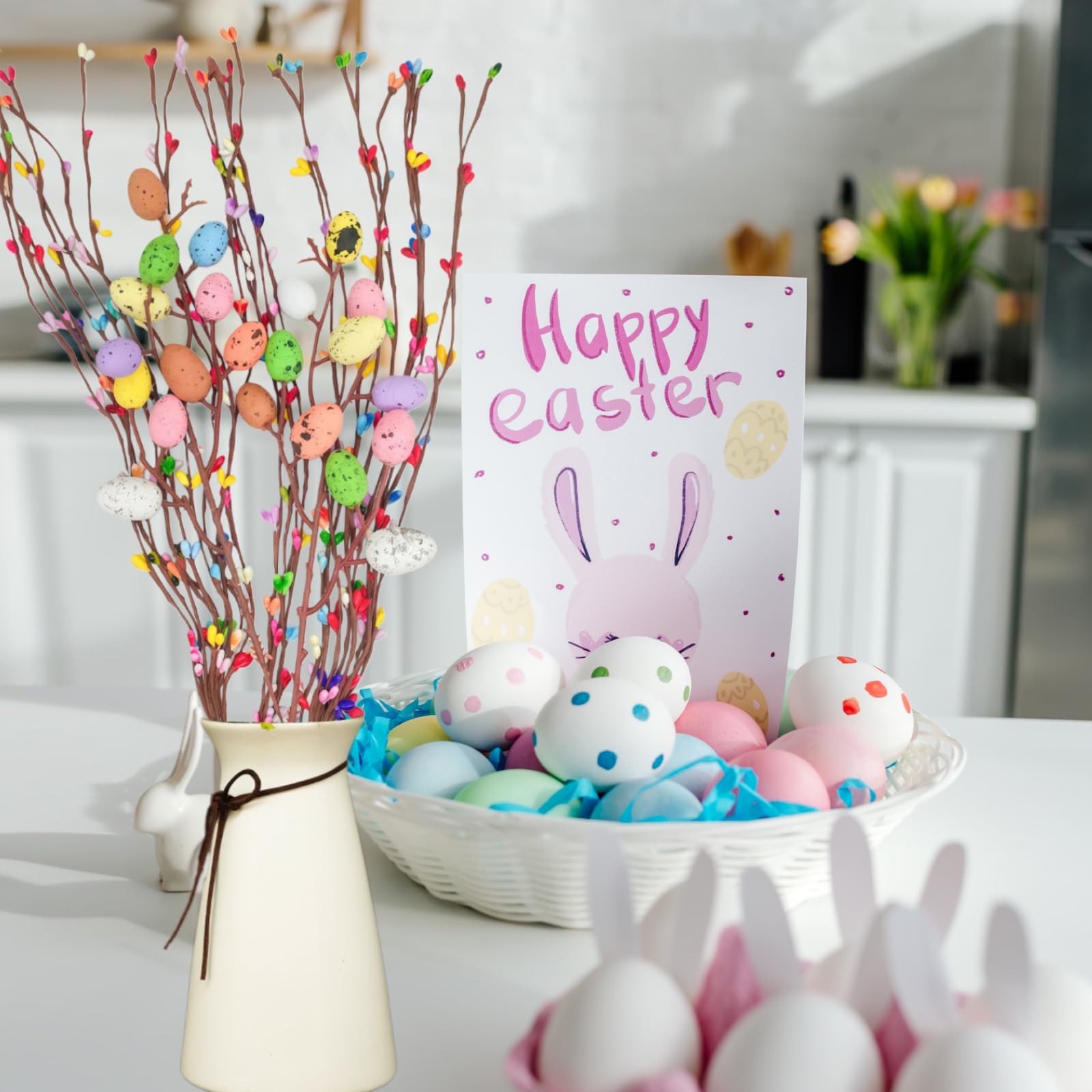 26Pcs 40cm Artificial Easter Spray Vine with Colorful Eggs and Fan-Shaped Eas…