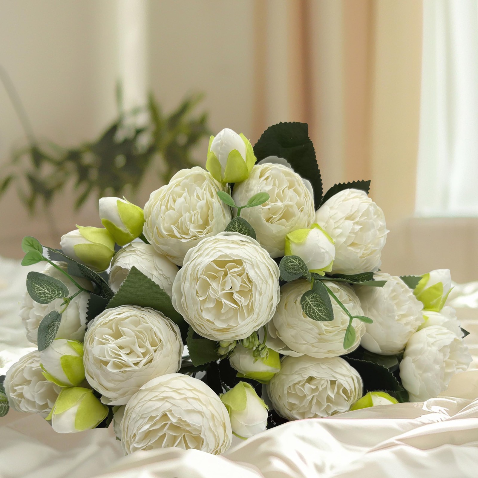 4 PCS Artificial Peony Flowers White Silk Fake Peony Bouquets For Wedding Decor