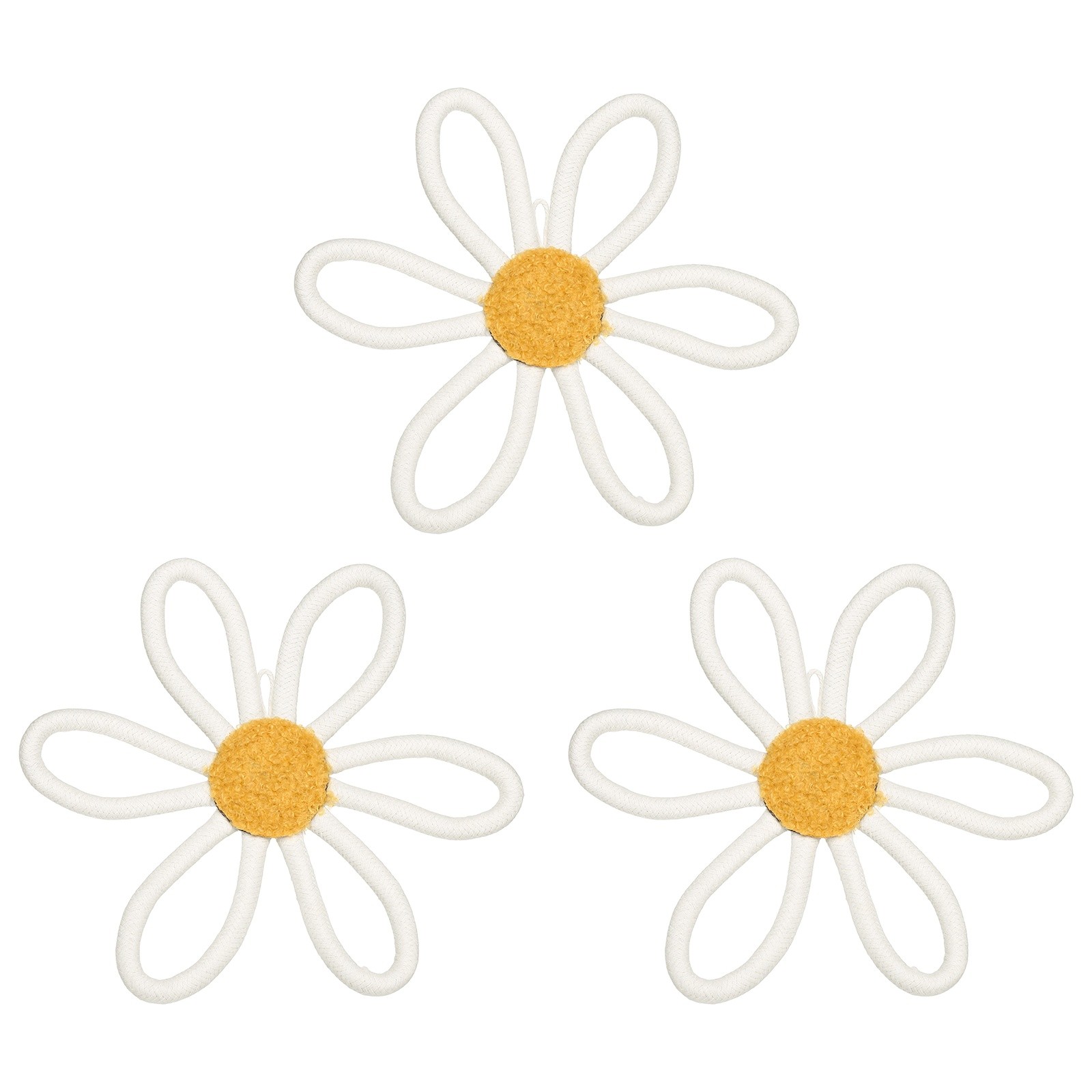 3Pcs Daisies Floral Wall Decor 8″ Flower Art Decor Woven Macrame Beige,
