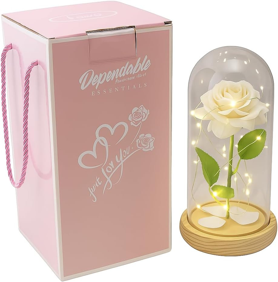 Eternal White Rose in Glass Dome with LED Lights – Light up Artificial Rose Déco